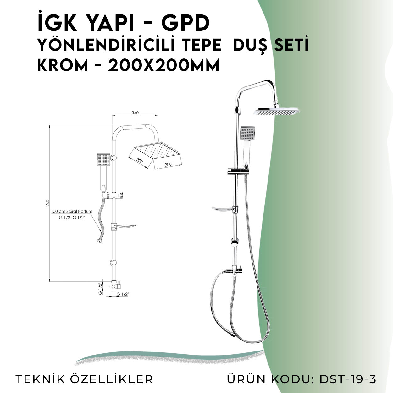 İGK YAPI - GPD Yönlendiricili Duş Seti (Tek Fonksiyonlu El Duşu + 200x200)  (DST193)