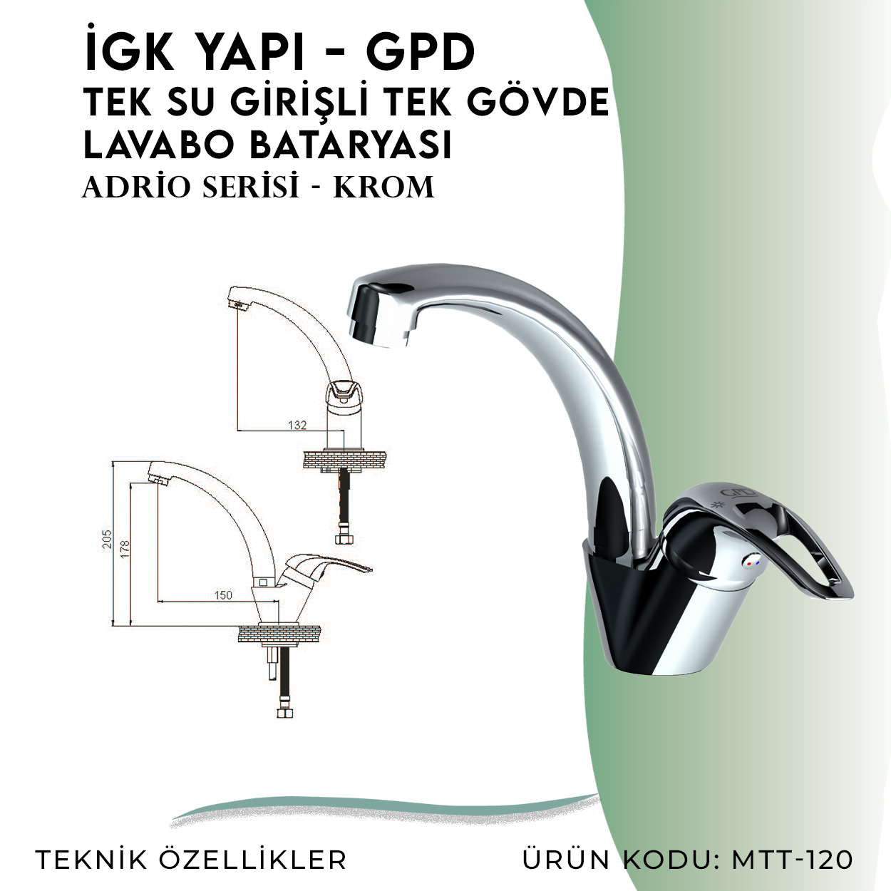İGK YAPI - GPD Adrio Tek Su Girişli Tek Gövde Lavabo Bataryası  (MTT120)